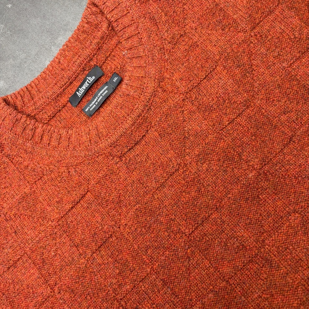 Vtg Ashworth Sweater Mens XXL Rust Orange Check Lambswool Crew Neck Grandpacore